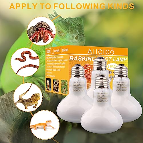 Aiicioo Reptile Basking Light Bulb - 100W Reptile Heat Lamp Basking Bulb Incandescent Light Bulb for Bearded Dragon Turtle Hermit Crab Gecko Lizard Daylight 4 Pack
