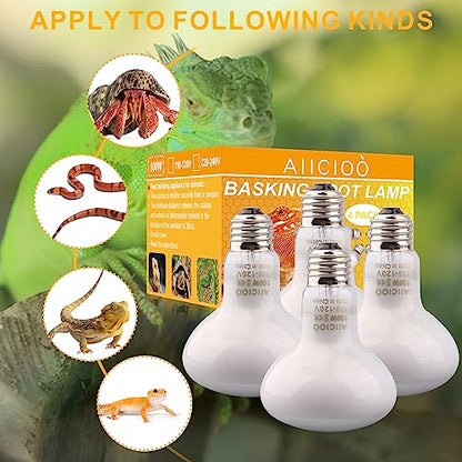 Aiicioo Reptile Basking Light Bulb - 100W Reptile Heat Lamp Basking Bulb Incandescent Light Bulb for Bearded Dragon Turtle Hermit Crab Gecko Lizard Daylight 4 Pack