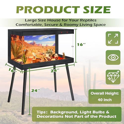 Royxen Bearded Dragon Tank, 31 Gallon Reptile Tank with Leg Stand,Built-in Lighting Reptile Enclosure, Tempered Glass Bearded Dragon Encloure for Chameleon (Black,24"x 16"x 16") - color: Black, size: 31 Gallons,24"x16"x16"
