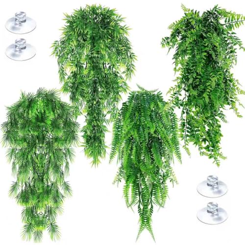 Reptile Plants for Bearded Dragon Tank Accessories, 4 Pack Terrarium Hanging Vines Artificial Leaves with Suction Cups for Lizard, Gecko, Snake, Chameleon Habitat Decor - color: Rp-b-2