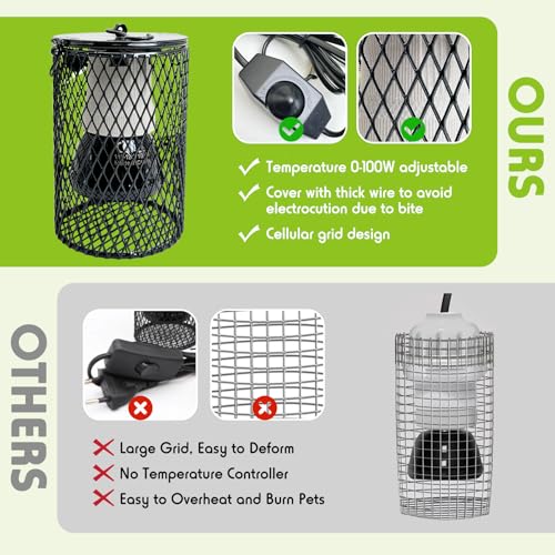 Hamiledyi Ceramic Heat Lamp Bulb with Lampshade Reptile Heat Lamp Guard Adjustable Heat Lamp from 0-100W Bird Cage Heater Anti-Scald Heating Bulb No Light Emitter for Reptile Bearded Dragon Turtle - color: Black