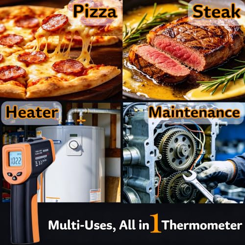 0.5 Seconds Fast Reading Cooking Thermometer Temperature Gun for Pizza Oven | IR Thermometer for Pizza Oven Griddle Cast Iron Non-Contact Digital Laser Thermometer Gun with Carrying Case (NOT for Human) - color: Yellow