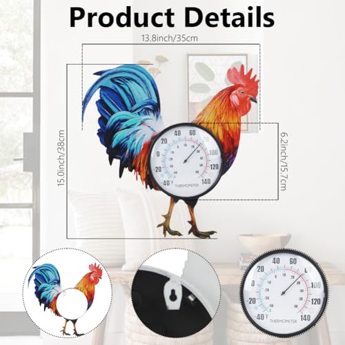 15" Rooster Outdoor Thermometer, No Need Battery | Metal Indoor Wall Thermometer, Outside Thermometer with Large Number for Patio Home Room Decor - color: Red Rooster