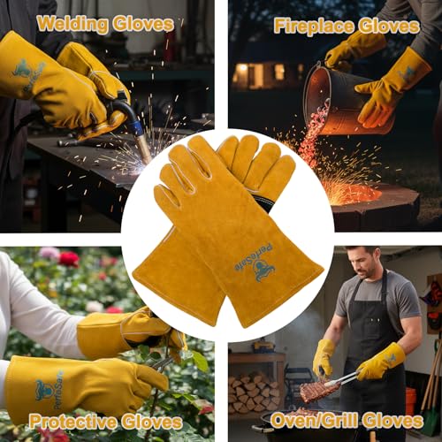 Welding Gloves Heat Resistant Leather Fire Gloves 14 In Yellow | Welders Gloves for MIG TIG Stick, Grill Gloves Mitts for BBQ,Oven,Forge,Fireplace,Fire Pit,Furnace,Wood Stove,Dry Ice,Baking - color: 14 Inches Yellow
