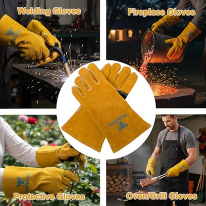 Welding Gloves Heat Resistant Leather Fire Gloves 14 In Yellow | Welders Gloves for MIG TIG Stick, Grill Gloves Mitts for BBQ,Oven,Forge,Fireplace,Fire Pit,Furnace,Wood Stove,Dry Ice,Baking - color: 14 Inches Yellow