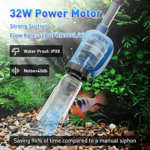 Electric Aquarium Gravel Cleaner, 530GPH Fish Tank Vacuum with Water Changer, Sand Washer, Debris Remover, Quiet 32W Pump for Freshwater Tanks, Blue (Blue)
