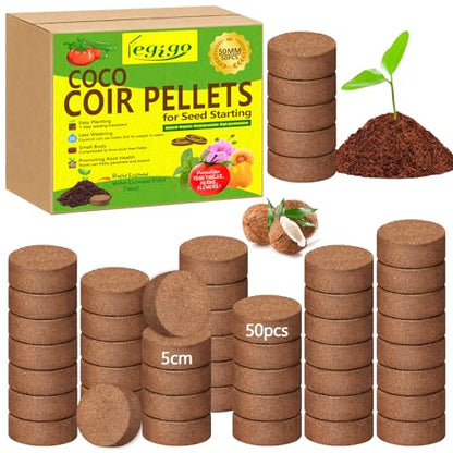 50 Pcs 50mm Coco Coir Pellets Seed Starter Soil Mix- Organic Coconut Coir Potting Soil Pods for Seedling, Coco Peat Soil Discs for Indoor & Outdoor Plants Bonsai Herbs Vegetables and Flowers - size: 50mm