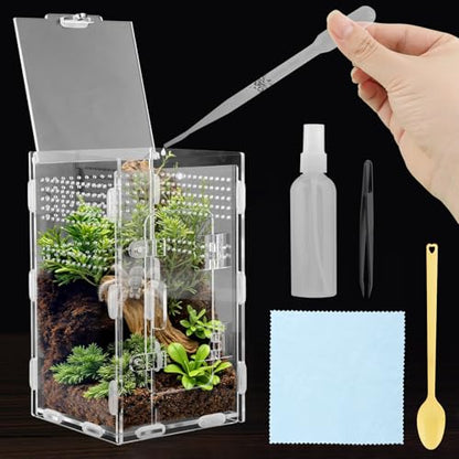 Acrylic Spider Enclosure, Jumping Spider Terrarium 4.7x4.7x7.9in | Dual access doors and micro-vent holes for feeding, misting, cleaning, and airflow