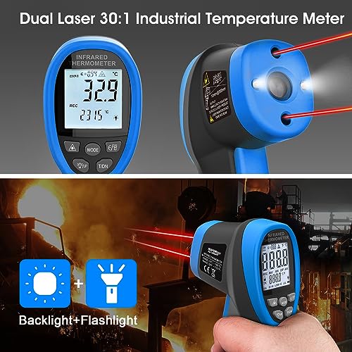 Pyrometer 30:1 Non-Contact High Temp Thermometer Gun-58℉ to 2732℉ (-50℃ ~ 1500℃) IR Thermometer Gun with Mobile APP for Pizza ovens, Kiln, Forge RQ-1500APP【Not for Human】