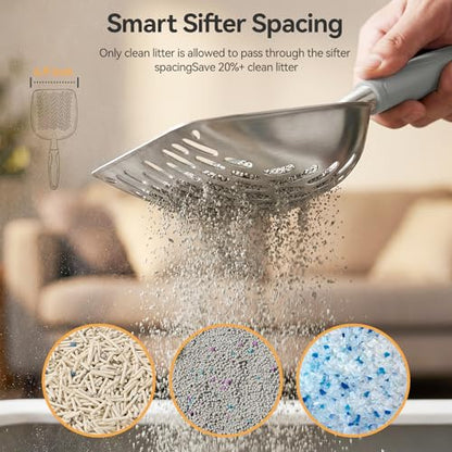 Cat Litter Scoop, Large Long Handle Kitty Metal Scooper | Heavy Duty Aluminum Deep Sifter, Ergonomic Non-Slip Grip, Rustproof Durable Poop Cleaner for Cat Litter Box - color: Gray, size: Large