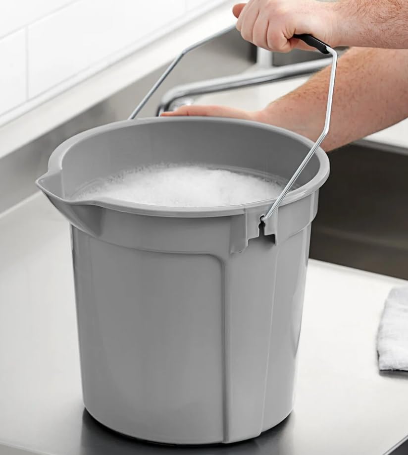 14 Qt Round Plastic Bucket, Gray, with Metal Handle, Pour Spout, for Cleaning and Gardening