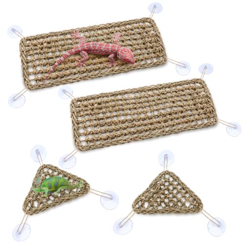 Dansydaisy 4 Pcs Reptile Hammock Bearded Dragon Tank Accessories, Woven Lounger with Strong Suction Cups, 2 Rectangle (19.7" x 7.9") and 2 Triangle (7.9" x 11.0") Climbing Beds for Geckos Iguanas - size: 19.7" X 7.9"，7.9" X 11.0"