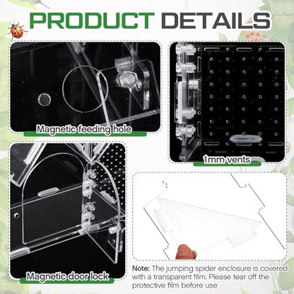 Weysat Jumping Spider Enclosure 9.5" x 3.9" x 6.7" Acrylic Tarantula Enclosure Castle Style Insect Terrarium with Magnetic Door Transparent Terrarium for Reptiles, Amphibians and Spiders - size: 9.5" X 3.9" X 6.7"