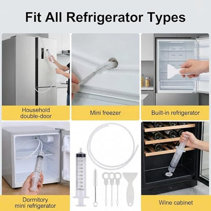 7-Piece Refrigerator Drain Hole Cleaner Kit, 60in Flexible Fridge Drain Cleaning Brush & Hose Set with Syringe, Plungers and Shovel for Unclogging Fridge Water Line & Dispenser