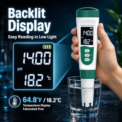 5 in 1 Water Quality Tester, Digital pH TDS EC Salinity Temperature Meter with Backlit LCD & ATC, Portable Pen Test Kit for Hydroponics Aquarium Fish Tank Pool Spa Drinking Water