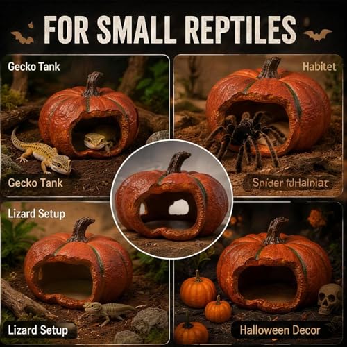 Gecko Hide, Reptile Hide, Resin Pumpkin Cave for Small Reptiles, Lizard, Spider, Gecko, Terrarium Decor Shelter, Halloween Style Habitat Ornament, 1 Pack