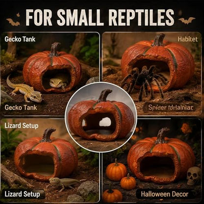 Gecko Hide, Reptile Hide, Resin Pumpkin Cave for Small Reptiles, Lizard, Spider, Gecko, Terrarium Decor Shelter, Halloween Style Habitat Ornament, 1 Pack