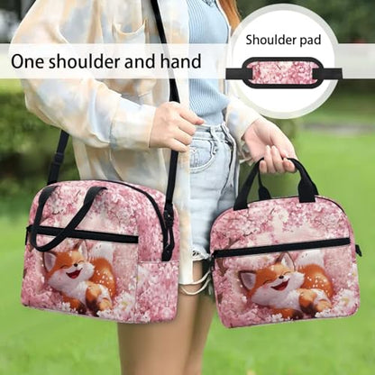 Fox Lunch Box Kids Insulated Lunch Bag for Girls Cherry Blossom Reusable Lunchbox Cooler Lunch Tote Bag for Kids Lunchbag with Shoulder Straps - color: Cherry Blossom Fox Print
