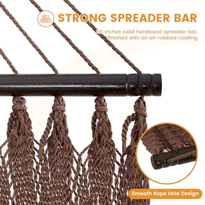Lazy Daze Hammocks 13 FT Extra Large 2+ Person Caribbean Rope Hammock, Hand Woven Polyester XL Hammock with Spreader Bars, for Outside Outdoor Backyard Patio Poolside, 500 LBS Capacity, Brown - color: Brown