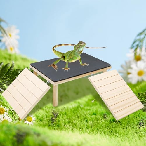 Bearded Dragon Basking Platform, Wooden + Rock Plate Reptile Cave Hideout with Climbing Ramp, Aquariums & Terrariums Accessories for Bearded Dragons Leopard Geckos Lizards Turtles Hamsters - color: Wood + Rock