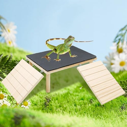 Bearded Dragon Basking Platform, Wooden + Rock Plate Reptile Cave Hideout with Climbing Ramp, Aquariums & Terrariums Accessories for Bearded Dragons Leopard Geckos Lizards Turtles Hamsters - color: Wood + Rock
