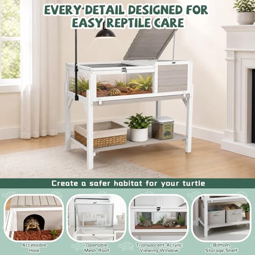 Large Tortoise Habitat with Adjustable Lamp Stand & Storage Shelf, Wooden Tortoise Enclosure with Viewing Window, Pull-Out Tray, 2-Room Reptile Turtle Enclosure House Indoor & Outdoor, Grey - size: 40.4"L x 23"W x 32"H