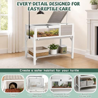 Large Tortoise Habitat with Adjustable Lamp Stand & Storage Shelf, Wooden Tortoise Enclosure with Viewing Window, Pull-Out Tray, 2-Room Reptile Turtle Enclosure House Indoor & Outdoor, Grey - size: 40.4"L x 23"W x 32"H