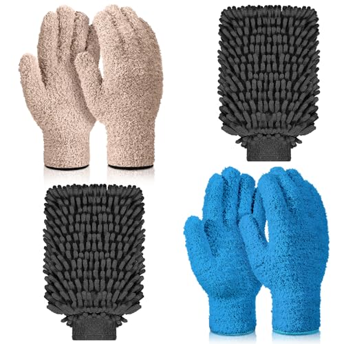Potchen 6 Pcs Microfiber Dusting Mitt Gloves for Plants Washable Dusting Gloves for House Cleaning Furniture Car Washing - color: Blue,khaki,grey