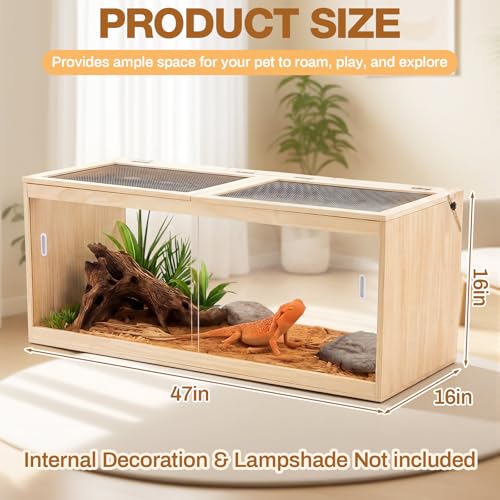 CroBlissful 47" L x 16" W x 16" H Bearded Dragon Enclosure Tank (44 Gallons) –Reptile Enclosure, Lizard Terrarium with Sliding Door & Metal Mesh Top, Suitable for Reptiles, Hamsters (Solid Wood Style)