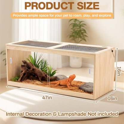 CroBlissful 47" L x 16" W x 16" H Bearded Dragon Enclosure Tank (44 Gallons) –Reptile Enclosure, Lizard Terrarium with Sliding Door & Metal Mesh Top, Suitable for Reptiles, Hamsters (Solid Wood Style)