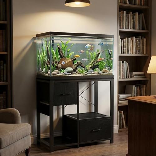 IDEALHOUSE 20-37 Gallon Fish Tank Stand, 80cm Industrial Metal Aquarium Stand with 2 Drawers, Heavy Duty Reptile Tank Stand with Storage Shelves, Black Finish