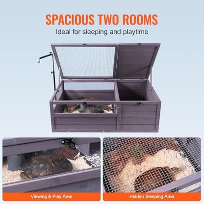 VEVOR Tortoise Habitat, Cedar Wooden Tortoise House Indoor & Outdoor, Tortoise Enclosure with Adjustable Lamp Holder, 2-Room Reptile Enclosure Small Animal Cage for Gecko, Lizard, Snake 38x24x13 inch - style: A Tortoise Habitat