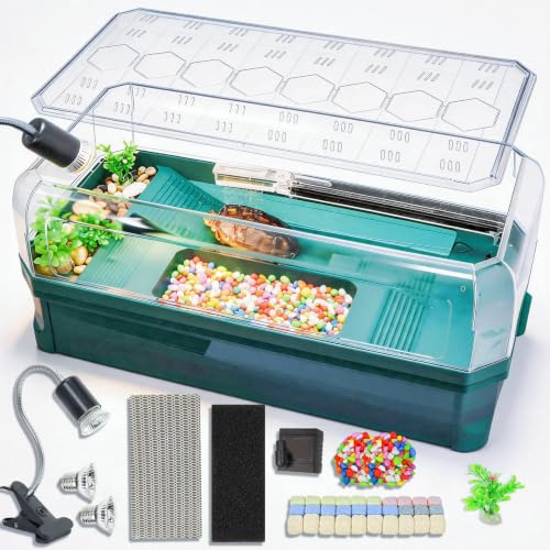 18.1 in Turtle Tank Kit with 3-Stage Filter, Basking Platform & Heat Lamp | Turtle Aquarium Habitat for Water Turtles, Enclosure or Hermit Crab Tank, Easy Drain Starter Kit Green - color: Green, size: 18.1x9.1x9.4 Inch