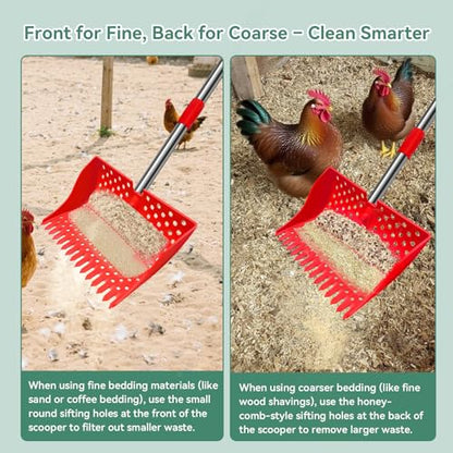 12" 2-in-1 Chicken Poop Scooper & Rake, 3-Shape Sifting Holes Chicken Coop Rake, Stainless Steel Handle (20–61") - Litter Scooper & Sand Sifting Shovel (U.S. Patent No. D1124534) - Red - color: Red