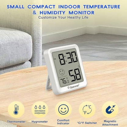 Geevon 2 Pack Mini Digital Hygrometer Gauge Indoor Thermometer with Time Display – LCD Monitor Temperature， Outdoor Humidity Meter for Home House Office Garden and Cellar - size: 2 pack, style: 256360