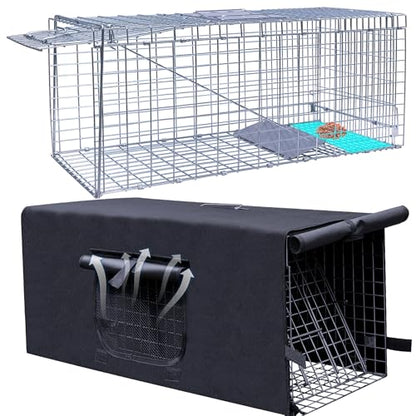 Live Animal Trap Cage with Cover, Heavy Duty Cat Trap for Stray Cats | Folding Skunk Traps Cage with Real Door for Raccoon, Groundhog, Skunk, Feral Cats, Squirrel-(32 x 10 x 12 inches)