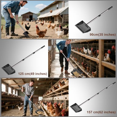 Metal Chicken Poop Scooper & Rake Scoop 10" Metal Chicken Coop Rake | Assistanted Handle Grip Heavy Duty Scoop Tool Adjustable Long Handle Adjustable (36 to 62") for Farm Animals Clean Tool