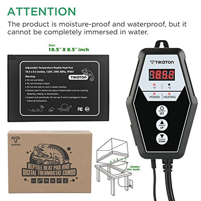 Tikaton Reptile Heating Pad and Digital Thermostat Combo Set, Under Tank Heater for 10-20gal/30-40gal Tank, Terrarium Heat Mat for Turtle/Snake/Lizard/Frog/Spider/Plant Box - size: 1 Pack-18.5" X 8.5"
