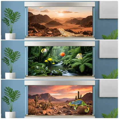 3 Pack Terrarium Background Polyester Reptile Background，Gobi Sunshine Cactus Stone & Green Tree Fern Stream Terrarium (30 inches x 12 inches) - size: 30 x 12 inches