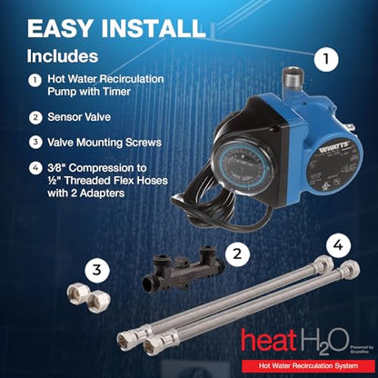 Watts Heat H2O Hot Water Recirculation System w/Programmable Timer, Instant Hot Water, 3 Year Warranty, Pump, 2 Adapters, Sensor Valve, Mounting Screws, 2 Supply Lines, Easy DIY Install (0955805) - style: Pump + 3 Yr Warranty