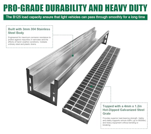 39.4x7.1x6.3in Stainless & Galvanized Steel Trench Drain | 304 B125 Driveway Heavy Duty Metal Channel Drainage System Durable Outdoor Garage Parking Lot Concrete Floor