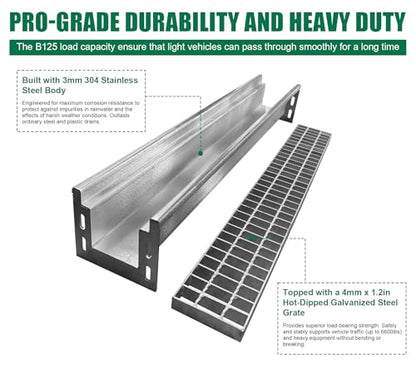 39.4x7.1x6.3in Stainless & Galvanized Steel Trench Drain | 304 B125 Driveway Heavy Duty Metal Channel Drainage System Durable Outdoor Garage Parking Lot Concrete Floor
