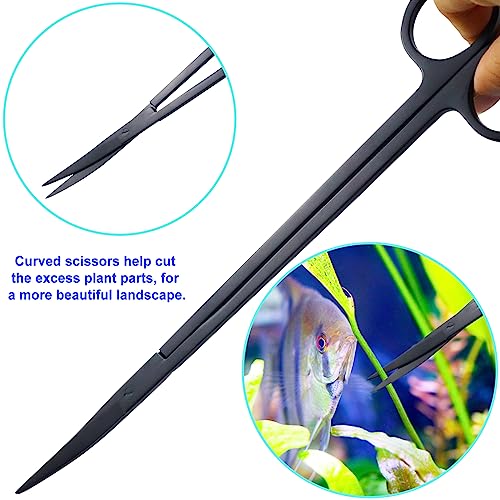 Aquarium Aquascape Tools Kit, Long 15 Inch Stainless Steel Aquatic Plants Tools, 4 in 1 Anti-Rust Black Aquascaping Tweezers Scissors Spatula Scrapers Tool Set for Fish Tank Cleaning Plant Trimming