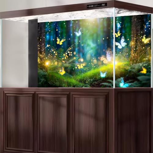 Fairy Forest Aquarium Background Magic Light Flying Butterflies Fish Tank Background Serene Bokeh Green Plants Moss Terrarium Backgrounds Misty Foggy Night Woodland Reptile Tank Backgrounds 24x12in - color: Bright Green, size: 24(W)x12(H)in