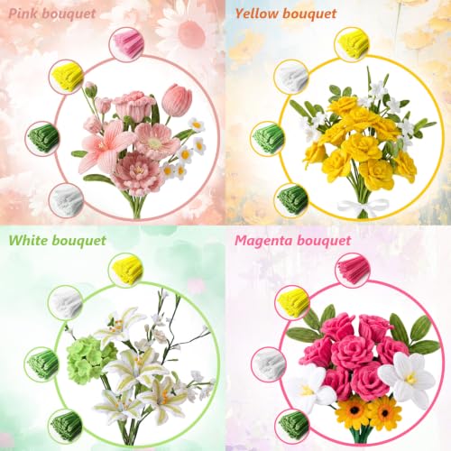 Cwczhi 600 PCS Pipe Cleaners Craft,9 Colors Pipe Cleaner Bulk Flower Kit | with Instructions,Floral Wires,Stamen,Wrapping Paper& Ribbon,Art and Craft Supplies - color: pink-2