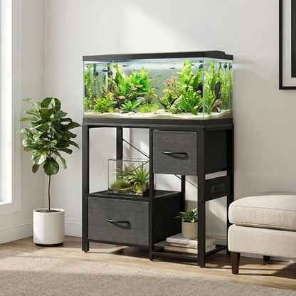 20-29 Gallon Fish Tank Stand, Aquarium Stand with Power Outlet | Heavy-Duty Metal and Wood Aquarium Stand with 6-Leg Support and 4-Tier Open Storage Shelves - color: Black