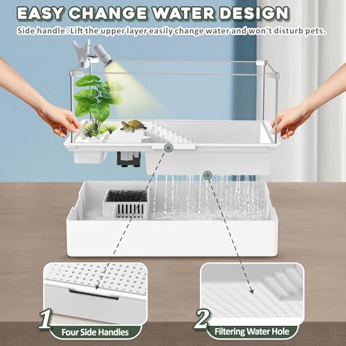 GOZILLA Small Turtle Tank Kit+Water Pump+Lamp, Acrylic Turtle Tank Starter Kit with Adjustable 5W Water Pump and Timing/Dimming Lamp, Multi-Functional Area for Small Turtles(White Kit). - color: White Kit
