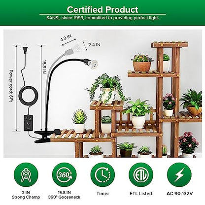 SANSI LED Grow Lights for Indoor Plants, Lifetime Free Bulb Replacement | 150W Full Spectrum 1-Gooseneck Clip Plant Grow Light, Plant Light with Timer 4/8/12 Hrs, High PPFD Growing Power Grow Lamp - size: 1 Head 1 Pack