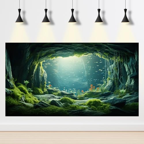Underwater Cave Aquarium Background Under The Sea World Large Rock Fish Tank Background Aquatic Plant Lush Green Moss Reptile Tank Backgrounds Cave Landscape Reptile Enclosure Background 30x18in - color: Bright Green, size: 30(W)x18(H)inches/ 75(W)*45cm(H