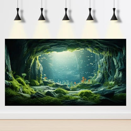 Underwater Cave Aquarium Background Under The Sea World Large Rock Fish Tank Background Aquatic Plant Lush Green Moss Reptile Tank Backgrounds Cave Landscape Reptile Enclosure Background 24x12in - color: Bright Green, size: 24(W)x12(H)inches/ 60(W)*30cm(H